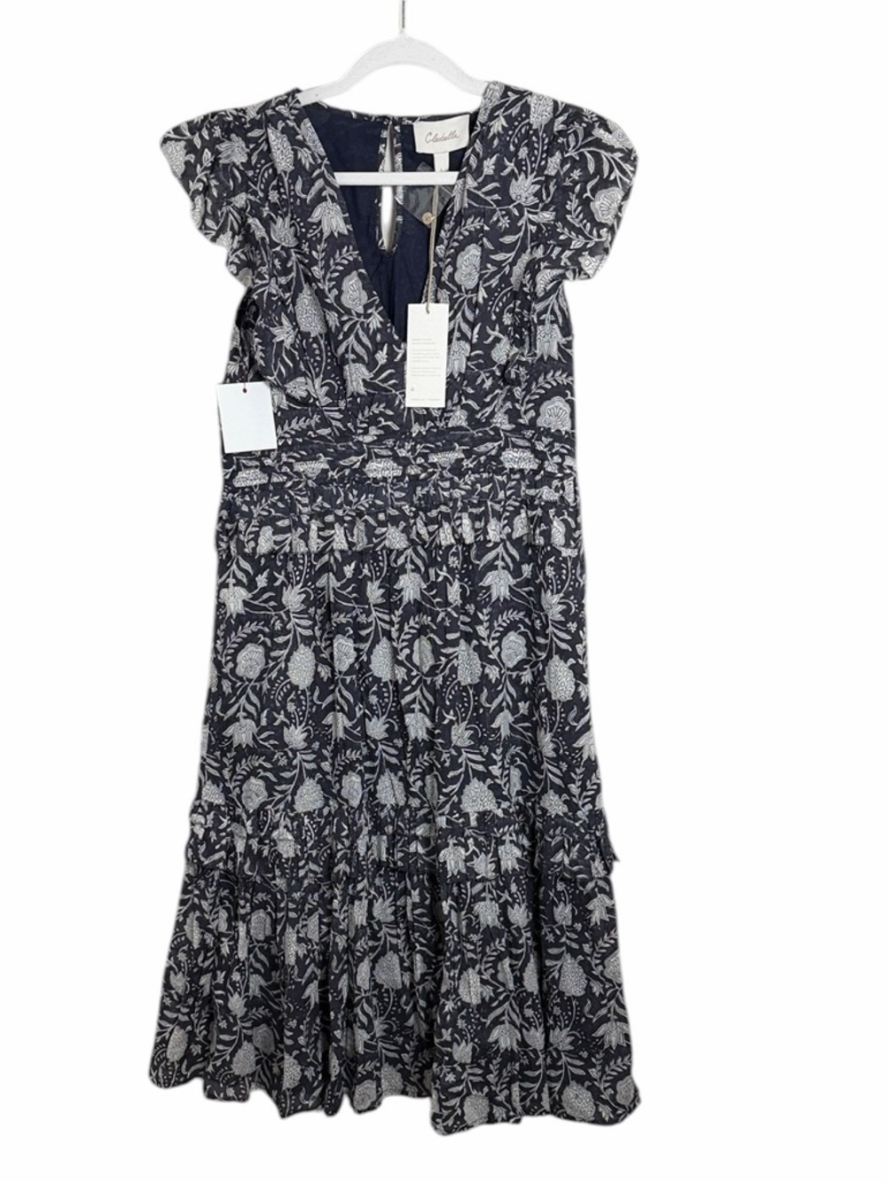 NWT Cleobella Cherie Midi Dress in Navy Block Print Size Large Boho Organic
